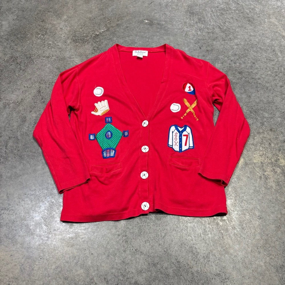 Bellepointe Cardigan Women XL Red Baseball Embroidered Cotton Knit Button Up Top
